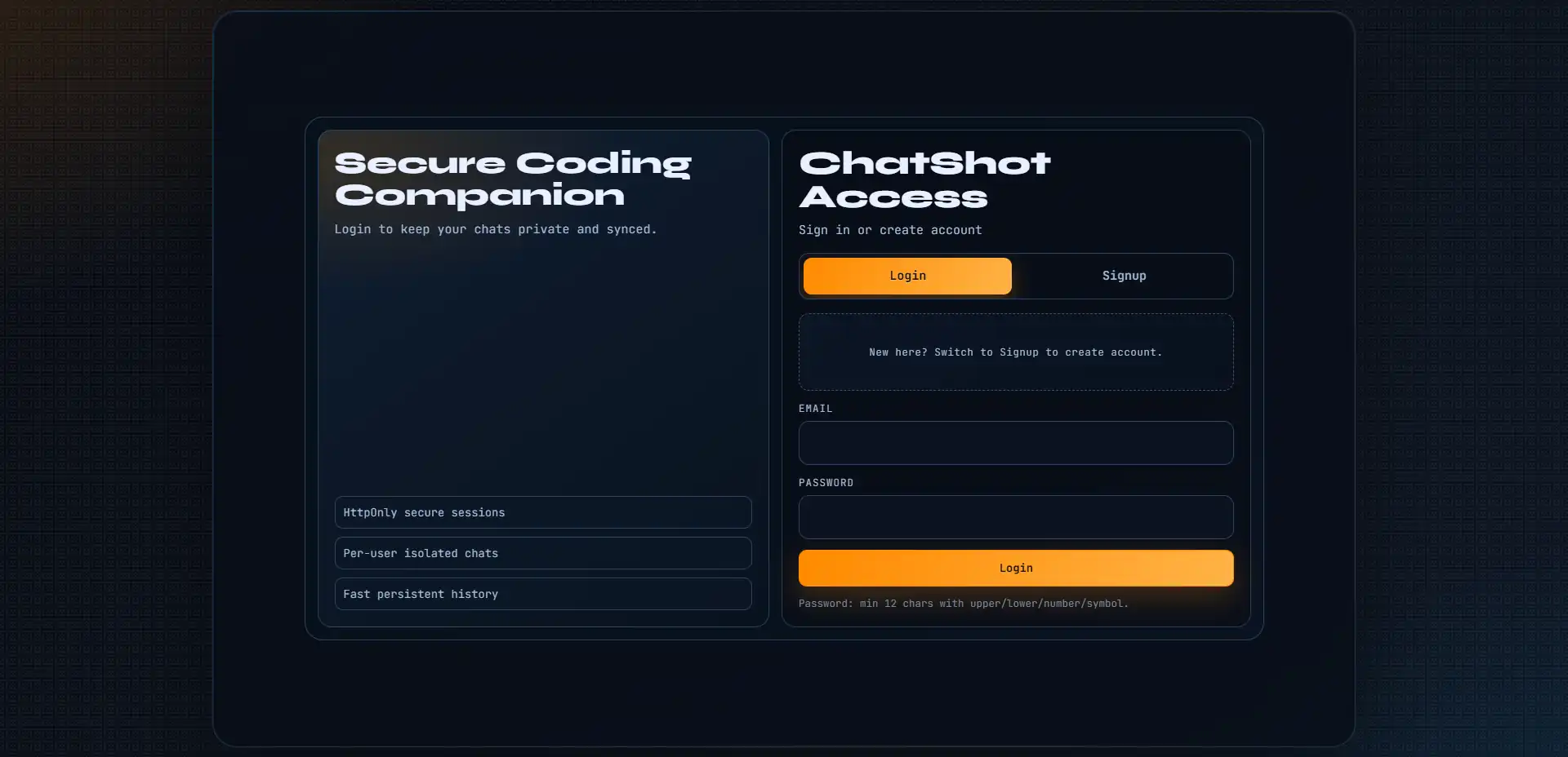 ChatShot Login Page